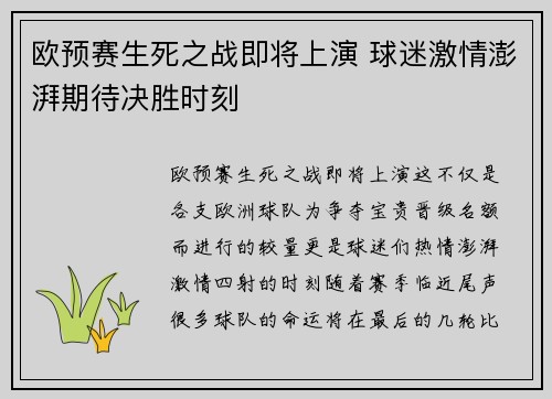 欧预赛生死之战即将上演 球迷激情澎湃期待决胜时刻