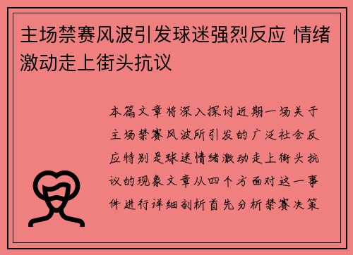 主场禁赛风波引发球迷强烈反应 情绪激动走上街头抗议