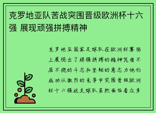 克罗地亚队苦战突围晋级欧洲杯十六强 展现顽强拼搏精神