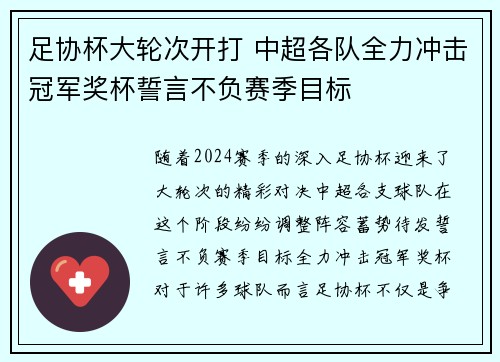足协杯大轮次开打 中超各队全力冲击冠军奖杯誓言不负赛季目标