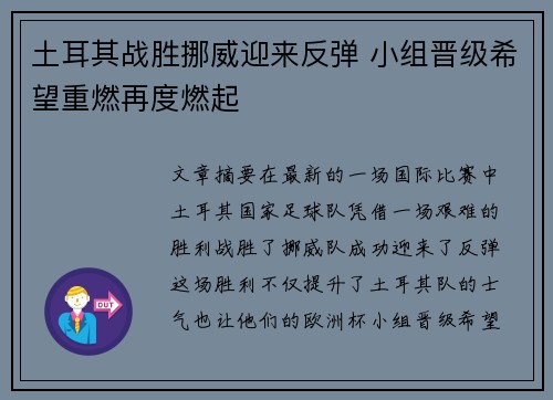 土耳其战胜挪威迎来反弹 小组晋级希望重燃再度燃起