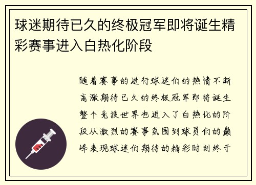 球迷期待已久的终极冠军即将诞生精彩赛事进入白热化阶段